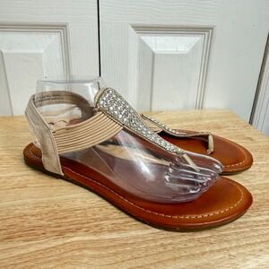 Austin Trading Co Rhinestone Thong Sandals 8 Tan Glam Boho Dressy Flat Sandals